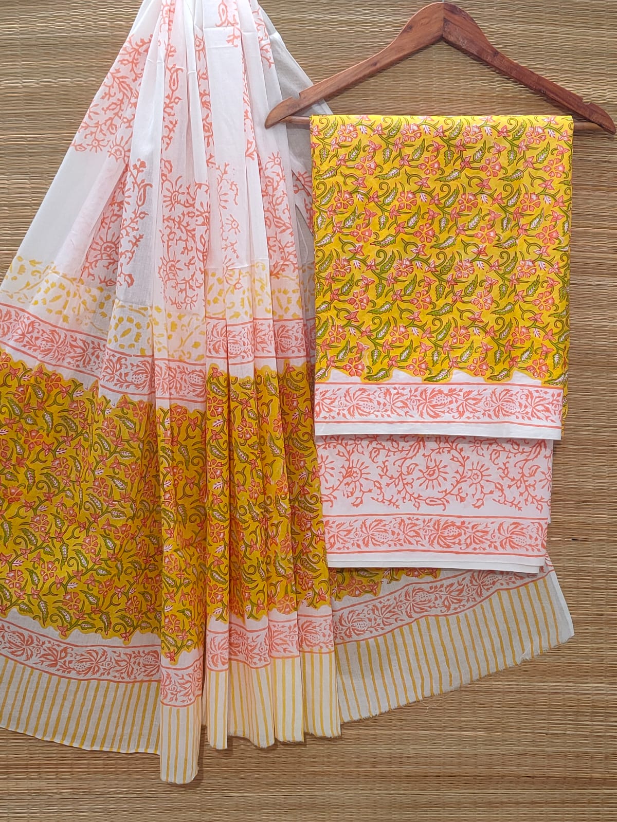 Hand Block Cotton Unstitched Salwar Suit With Cotton/Mulmul Dupatta - JBOCM167