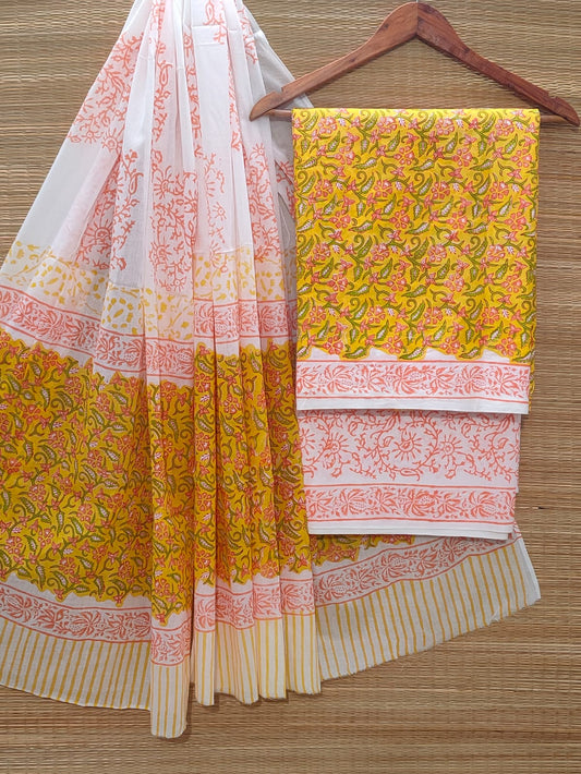 Hand Block Cotton Unstitched Salwar Suit With Cotton/Mulmul Dupatta - JBOCM167