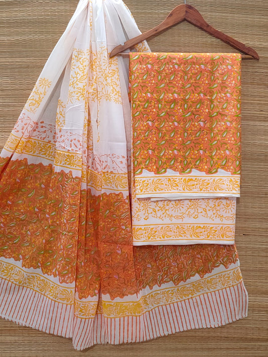 Hand Block Cotton Unstitched Salwar Suit With Cotton/Mulmul Dupatta - JBOCM168