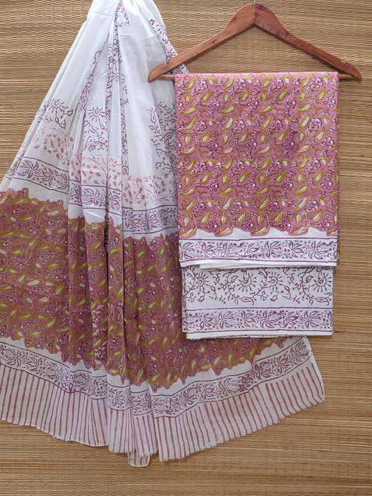 Hand Block Cotton Unstitched Salwar Suit With Cotton/Mulmul Dupatta - JBOCM169