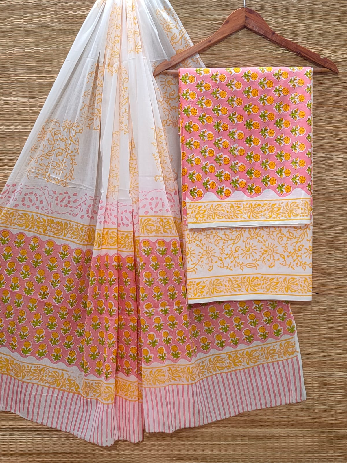 Hand Block Cotton Unstitched Salwar Suit With Cotton/Mulmul Dupatta - JBOCM170
