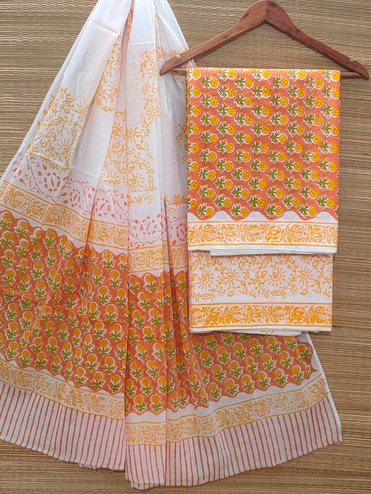 Hand Block Cotton Unstitched Salwar Suit With Cotton/Mulmul Dupatta - JBOCM171