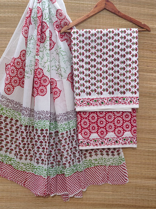 Hand Block Cotton Unstitched Salwar Suit With Cotton/Mulmul Dupatta - JBOCM173