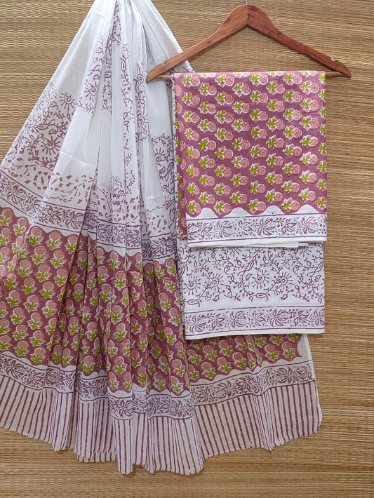Hand Block Cotton Unstitched Salwar Suit With Cotton/Mulmul Dupatta - JBOCM174