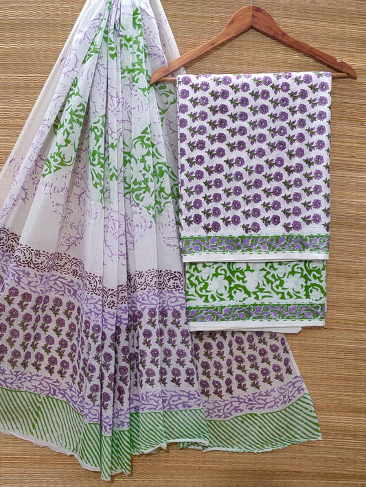 Hand Block Cotton Unstitched Salwar Suit With Cotton/Mulmul Dupatta - JBOCM175