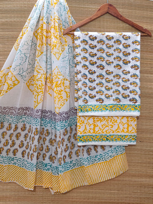 Hand Block Cotton Unstitched Salwar Suit With Cotton/Mulmul Dupatta - JBOCM176