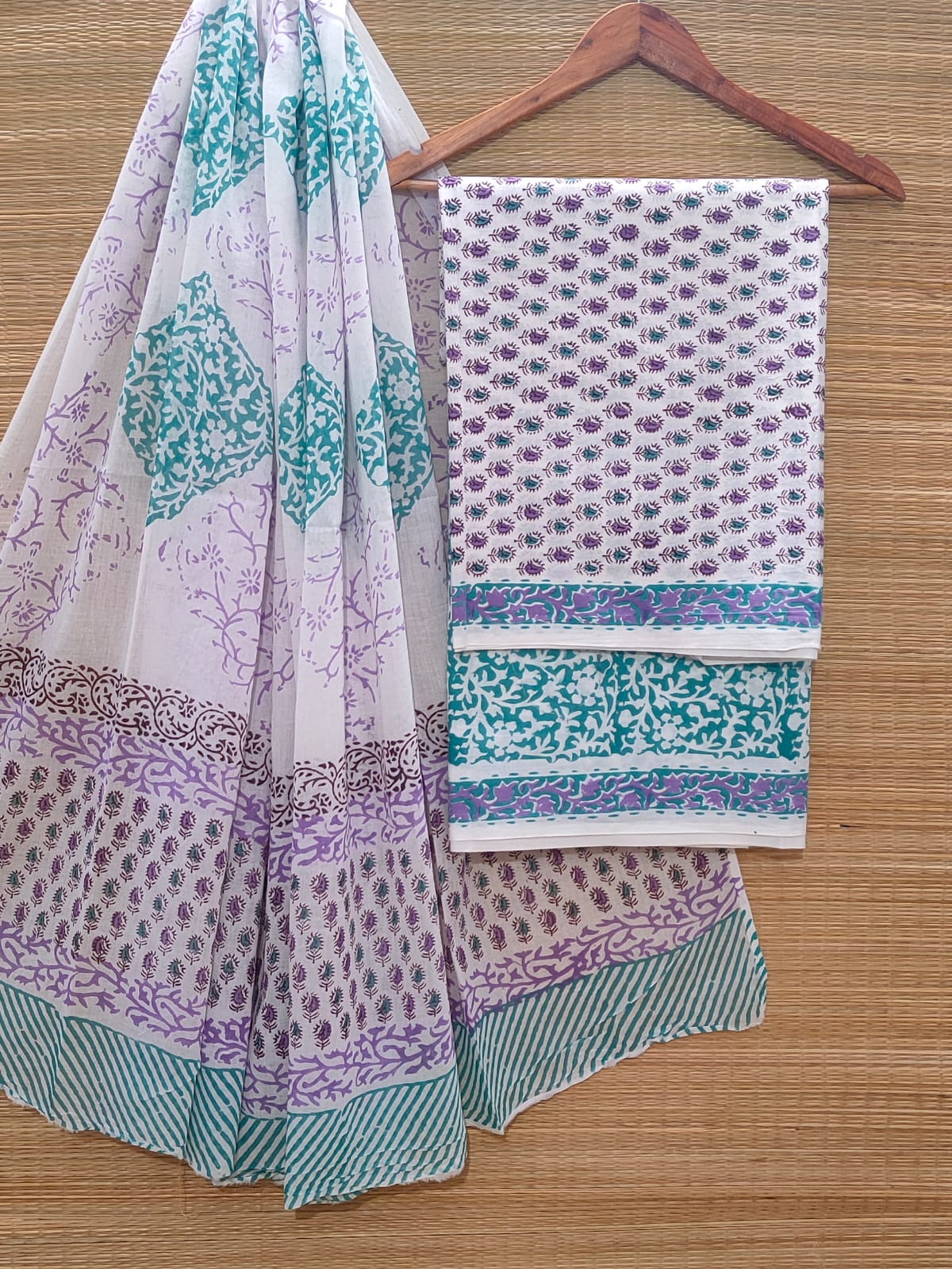 Hand Block Cotton Unstitched Salwar Suit With Cotton/Mulmul Dupatta - JBOCM178
