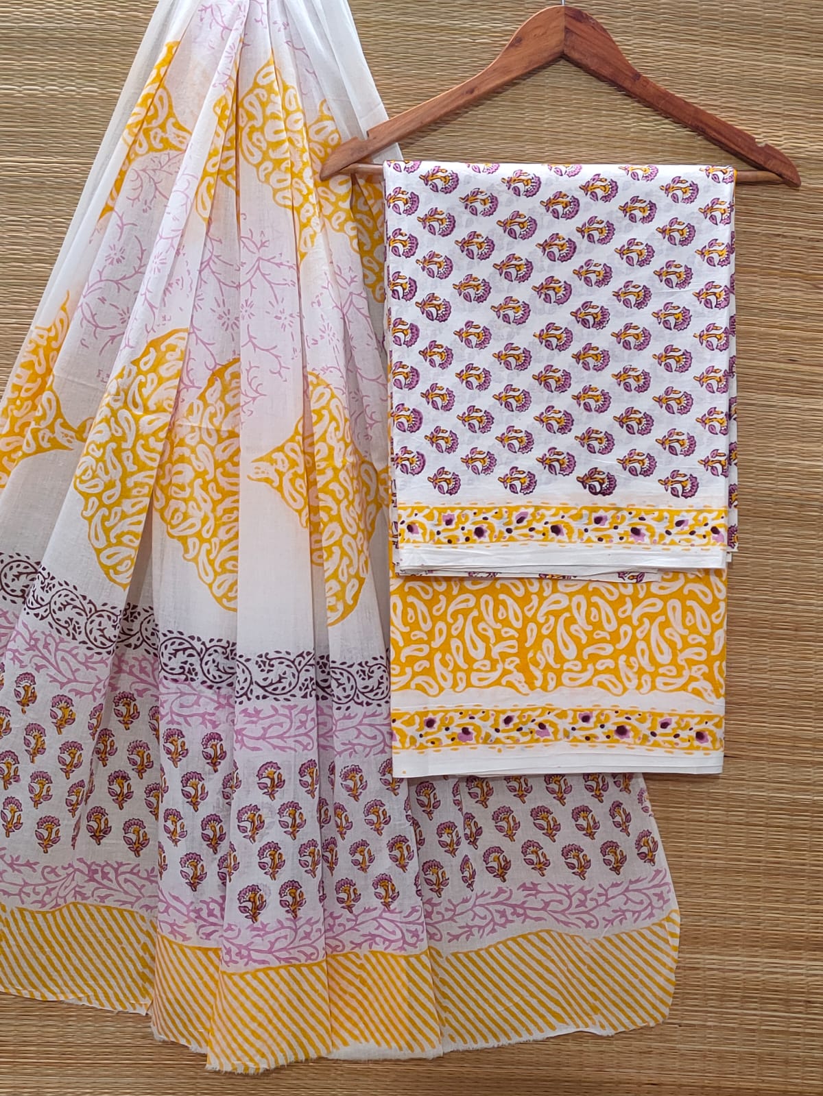 Hand Block Cotton Unstitched Salwar Suit With Cotton/Mulmul Dupatta - JBOCM179