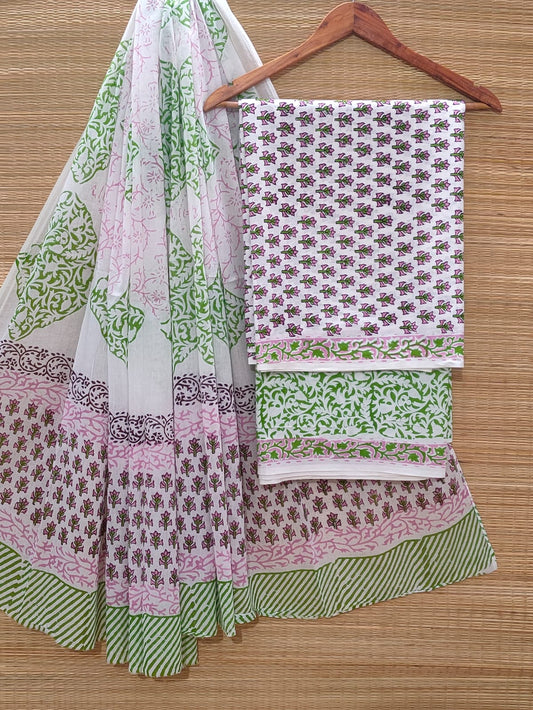 Hand Block Cotton Unstitched Salwar Suit With Cotton/Mulmul Dupatta - JBOCM180