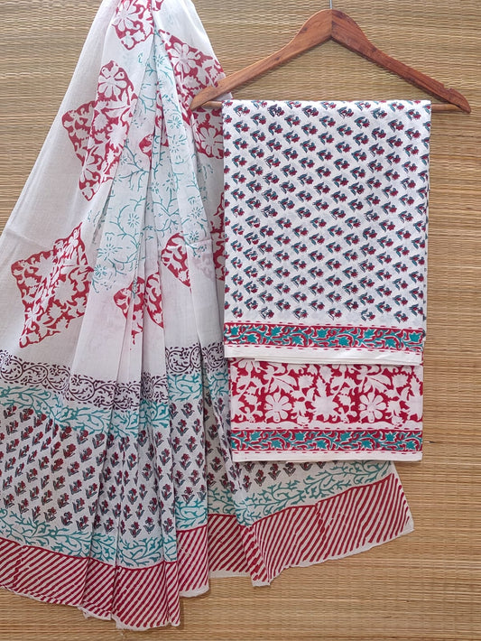 Hand Block Cotton Unstitched Salwar Suit With Cotton/Mulmul Dupatta - JBOCM181