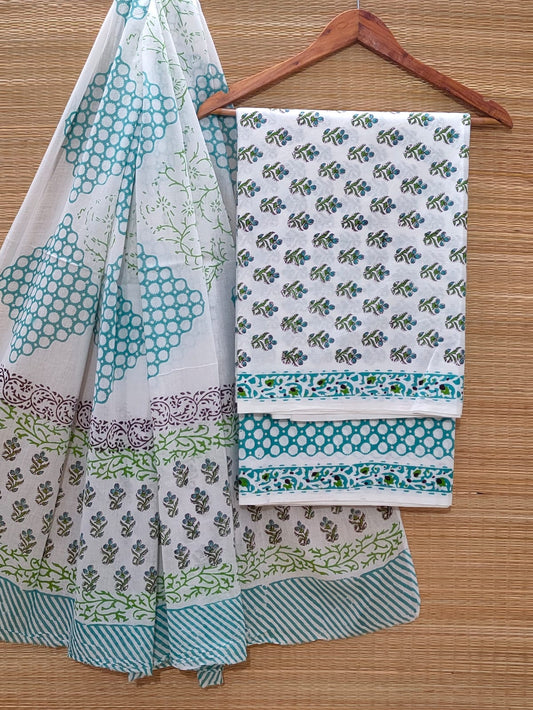 Hand Block Cotton Unstitched Salwar Suit With Cotton/Mulmul Dupatta - JBOCM183