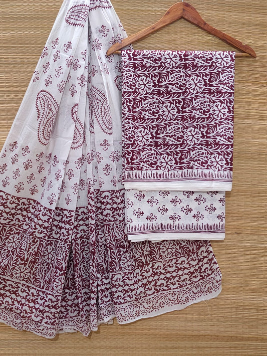 Hand Block Cotton Unstitched Salwar Suit With Cotton/Mulmul Dupatta - JBOCM185