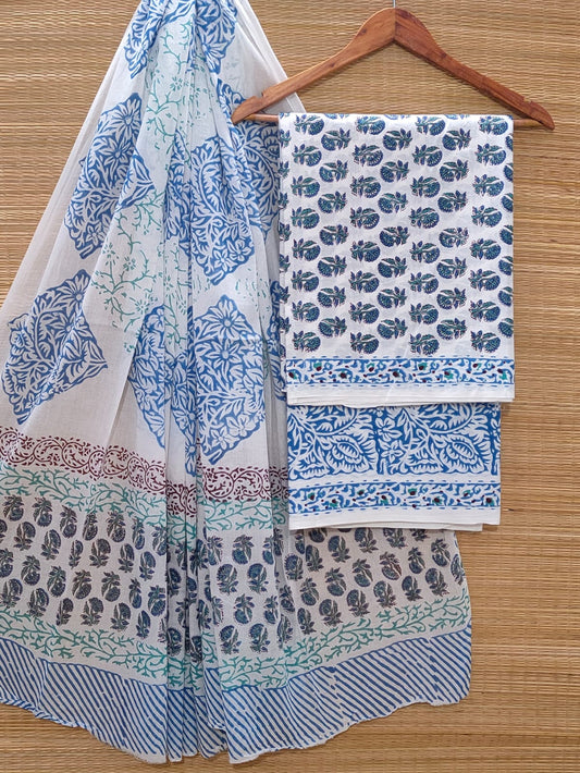 Hand Block Cotton Unstitched Salwar Suit With Cotton/Mulmul Dupatta - JBOCM187