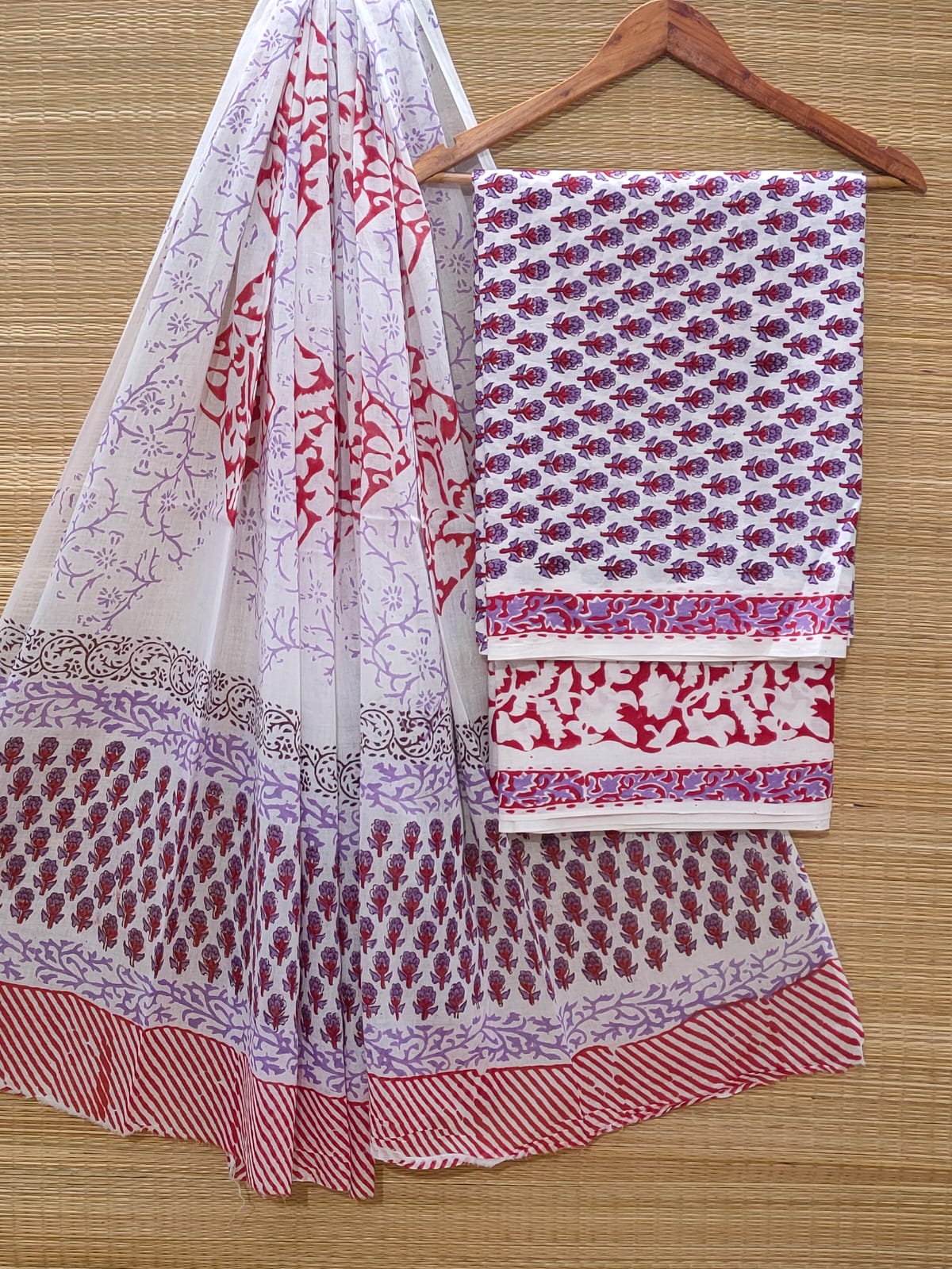 Hand Block Cotton Unstitched Salwar Suit With Cotton/Mulmul Dupatta - JBOCM188