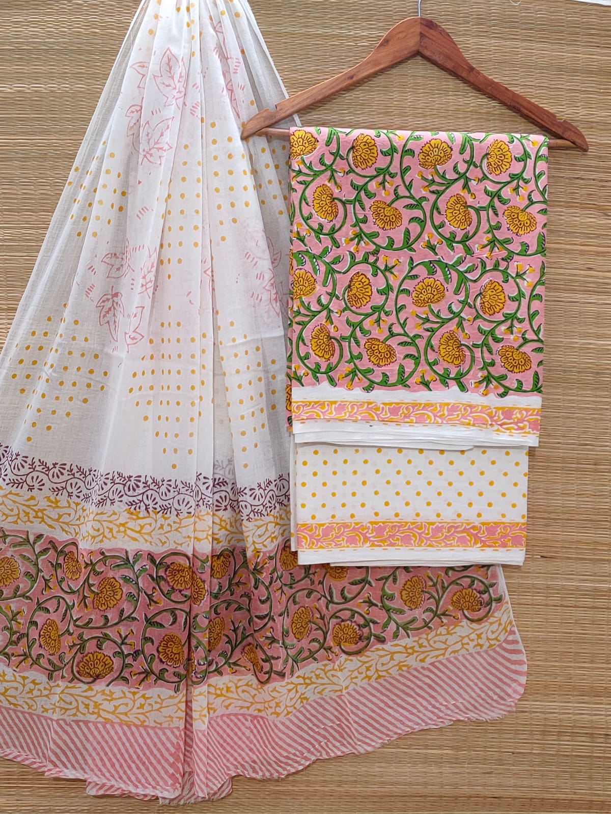 Hand Block Cotton Unstitched Salwar Suit With Cotton/Mulmul Dupatta - JBOCM189