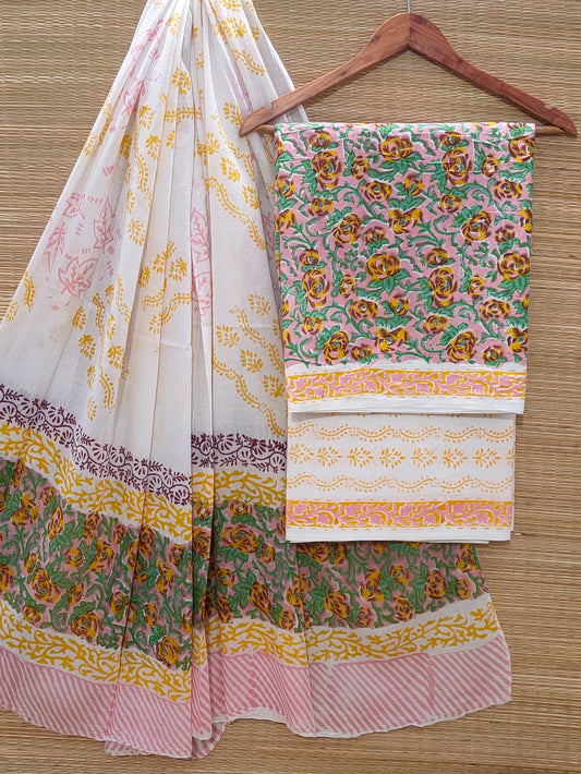 Hand Block Cotton Unstitched Salwar Suit With Cotton/Mulmul Dupatta - JBOCM191