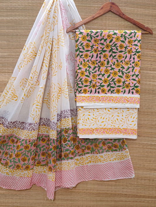Hand Block Cotton Unstitched Salwar Suit With Cotton/Mulmul Dupatta - JBOCM192