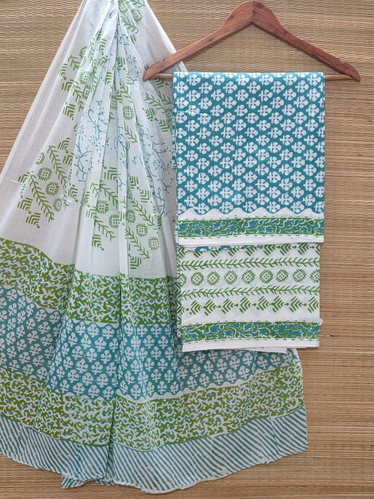 Hand Block Cotton Unstitched Salwar Suit With Cotton/Mulmul Dupatta - JBOCM193