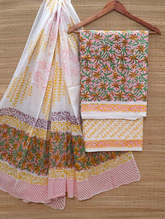 Hand Block Cotton Unstitched Salwar Suit With Cotton/Mulmul Dupatta - JBOCM194
