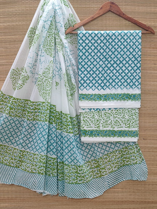 Hand Block Cotton Unstitched Salwar Suit With Cotton/Mulmul Dupatta - JBOCM195
