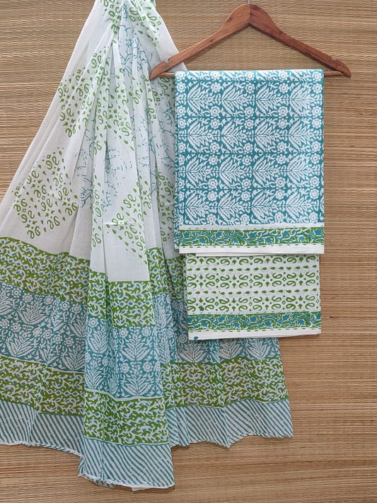 Hand Block Cotton Unstitched Salwar Suit With Cotton/Mulmul Dupatta - JBOCM196