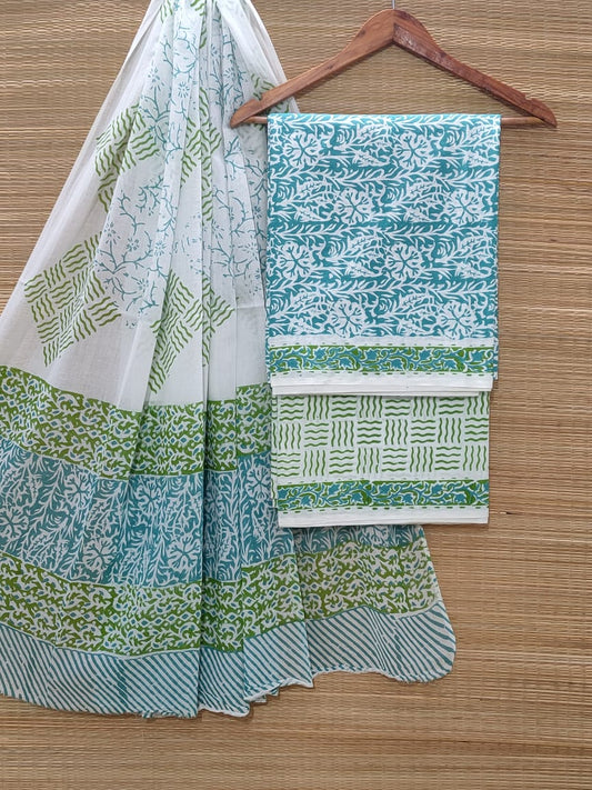 Hand Block Cotton Unstitched Salwar Suit With Cotton/Mulmul Dupatta - JBOCM197
