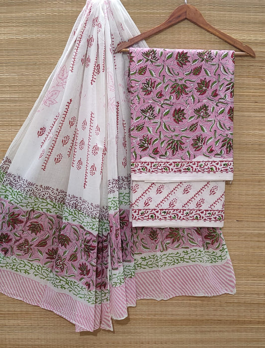 Hand Block Cotton Unstitched Salwar Suit With Cotton/Mulmul Dupatta - JBOCM198