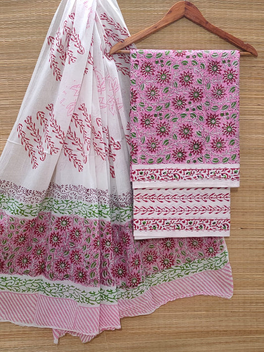 Hand Block Cotton Unstitched Salwar Suit With Cotton/Mulmul Dupatta - JBOCM200
