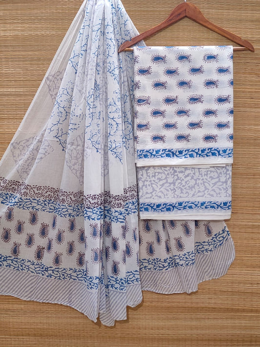 Hand Block Cotton Unstitched Salwar Suit With Cotton/Mulmul Dupatta - JBOCM202