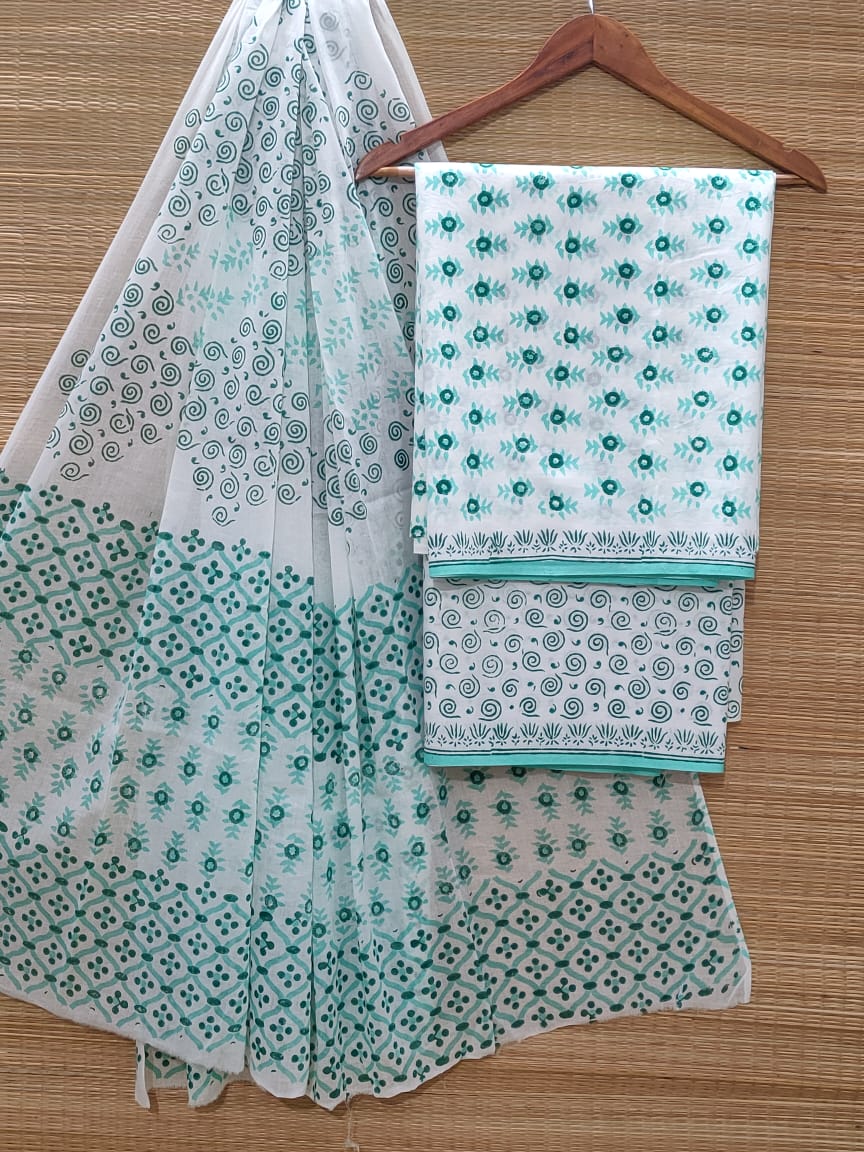 Hand Block Cotton Unstitched Salwar Suit With Cotton/Mulmul Dupatta - JBOCM206