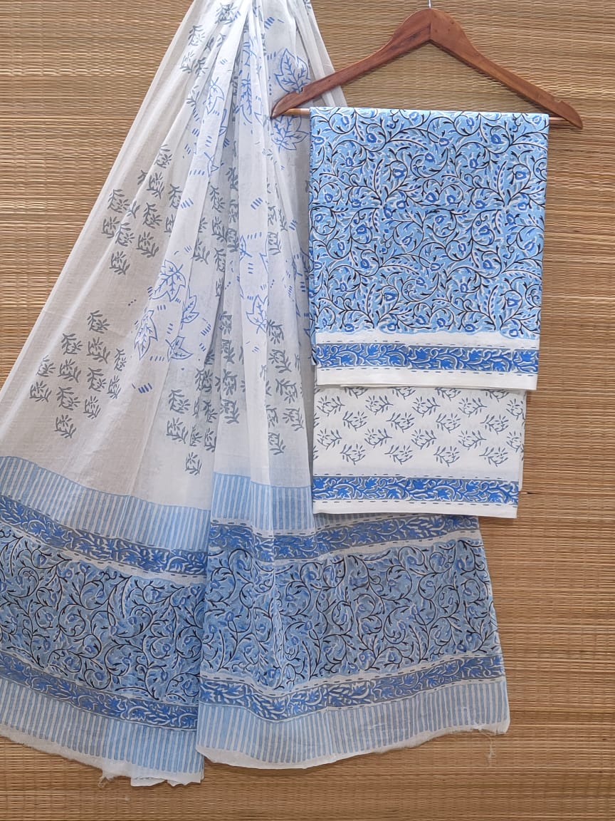 Hand Block Cotton Unstitched Salwar Suit With Cotton/Mulmul Dupatta - JBOCM209