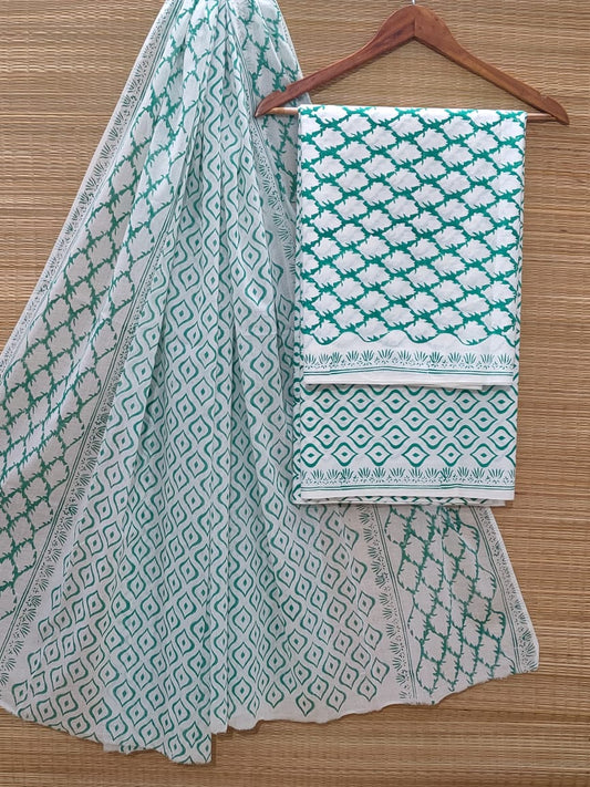 Hand Block Cotton Unstitched Salwar Suit With Cotton/Mulmul Dupatta - JBOCM210
