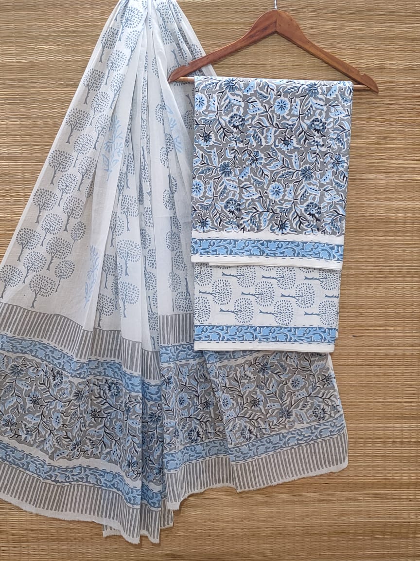 Hand Block Cotton Unstitched Salwar Suit With Cotton/Mulmul Dupatta - JBOCM211