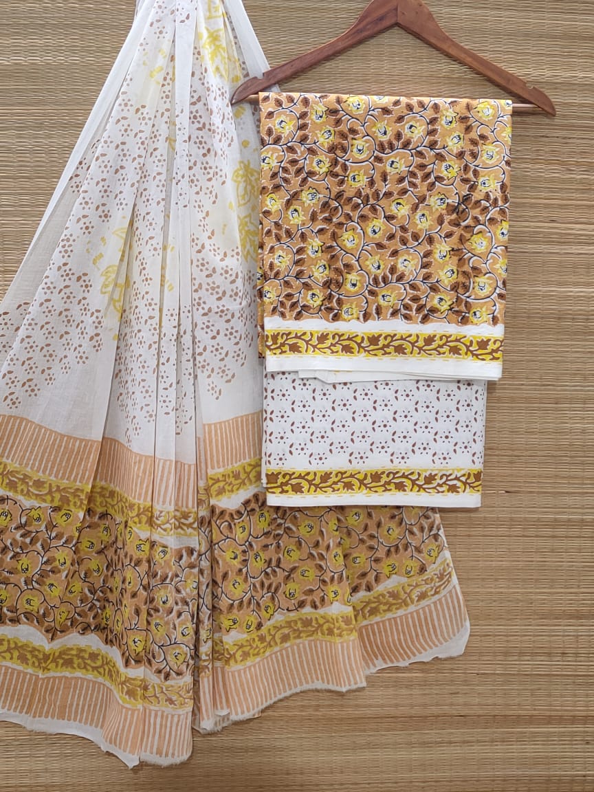 Hand Block Cotton Unstitched Salwar Suit With Cotton/Mulmul Dupatta - JBOCM212