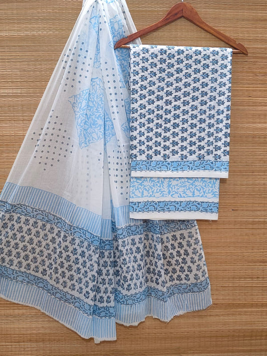 Hand Block Cotton Unstitched Salwar Suit With Cotton/Mulmul Dupatta - JBOCM214