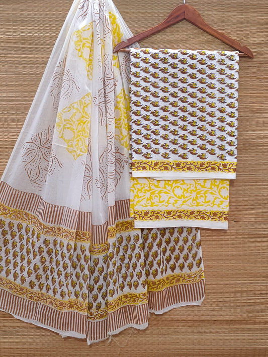 Hand Block Cotton Unstitched Salwar Suit With Cotton/Mulmul Dupatta - JBOCM216