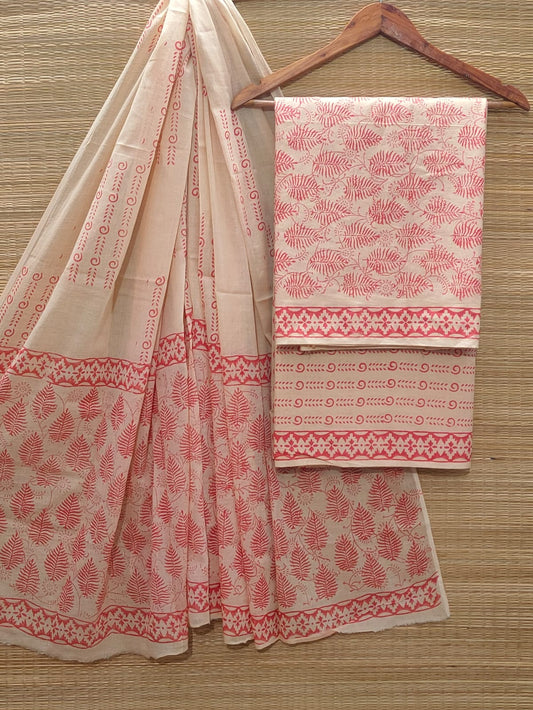 Hand Block Cotton Unstitched Salwar Suit With Cotton/Mulmul Dupatta - JBOCM106