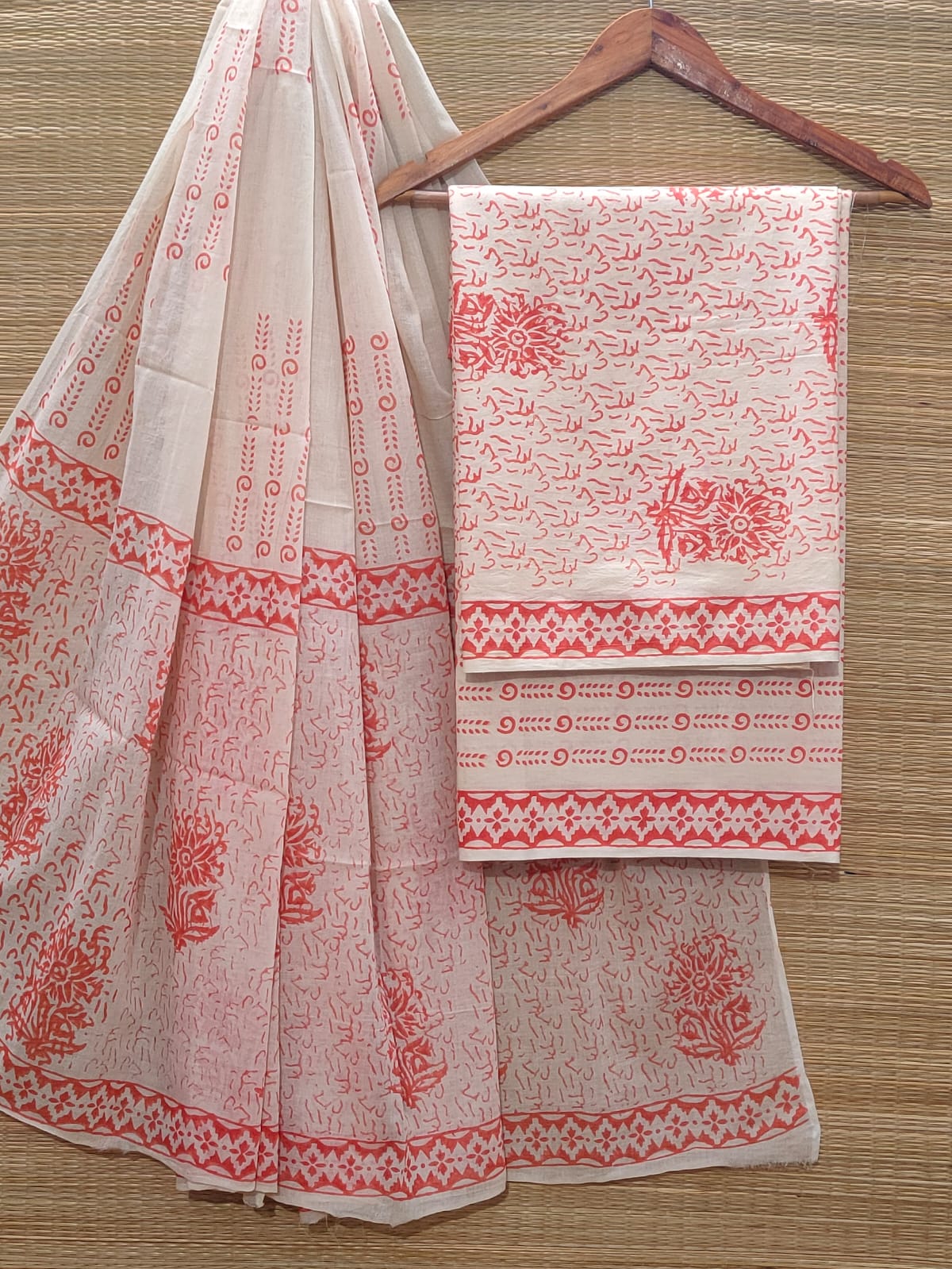 Hand Block Cotton Unstitched Salwar Suit With Cotton/Mulmul Dupatta - JBOCM107