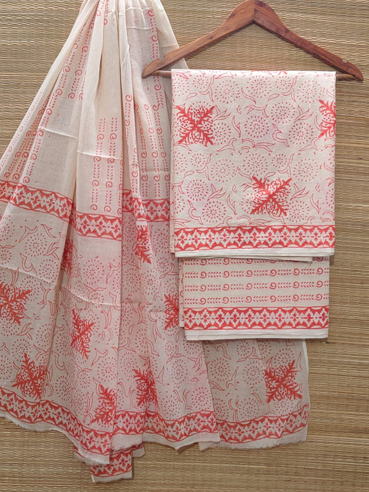 Hand Block Cotton Unstitched Salwar Suit With Cotton/Mulmul Dupatta - JBOCM112