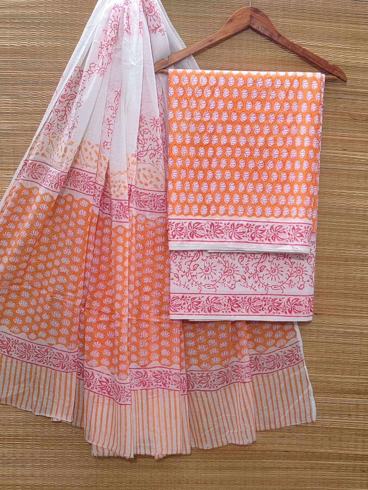 Hand Block Cotton Unstitched Salwar Suit With Cotton/Mulmul Dupatta - JBOCM118