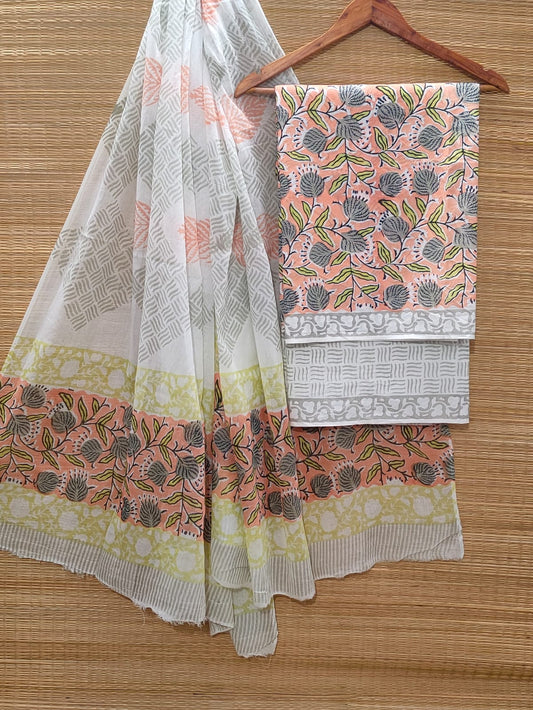Hand Block Cotton Unstitched Salwar Suit With Cotton/Mulmul Dupatta - JBOCM125