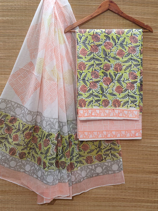 Hand Block Cotton Unstitched Salwar Suit With Cotton/Mulmul Dupatta - JBOCM128