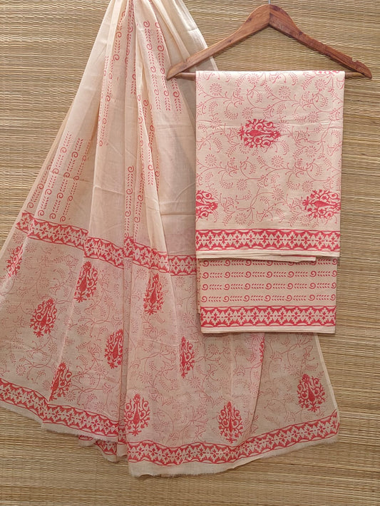 Hand Block Cotton Unstitched Salwar Suit With Cotton/Mulmul Dupatta - JBOCM131