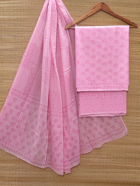 Hand Block Cotton Unstitched Salwar Suit With Cotton/Mulmul Dupatta - JBOCM136