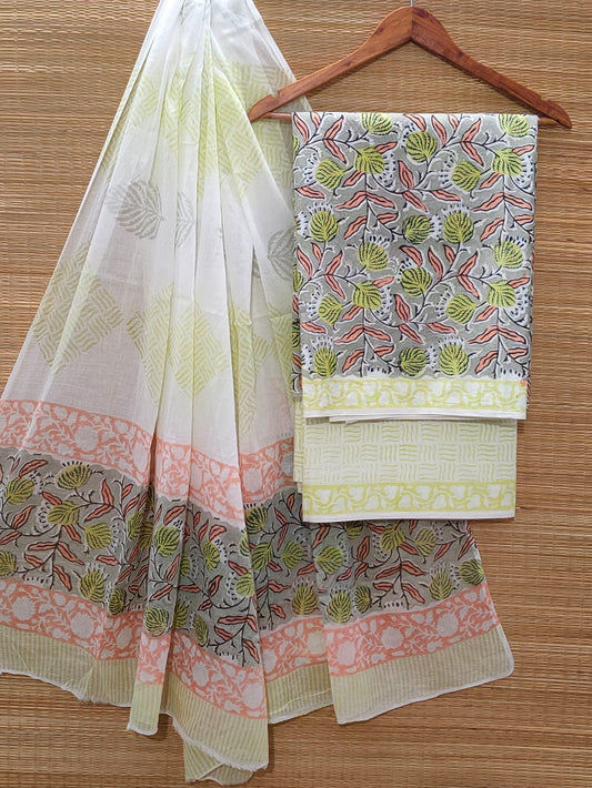Hand Block Cotton Unstitched Salwar Suit With Cotton/Mulmul Dupatta - JBOCM137