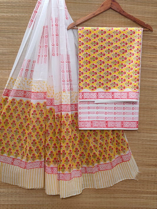 Hand Block Cotton Unstitched Salwar Suit With Cotton/Mulmul Dupatta - JBOCM141