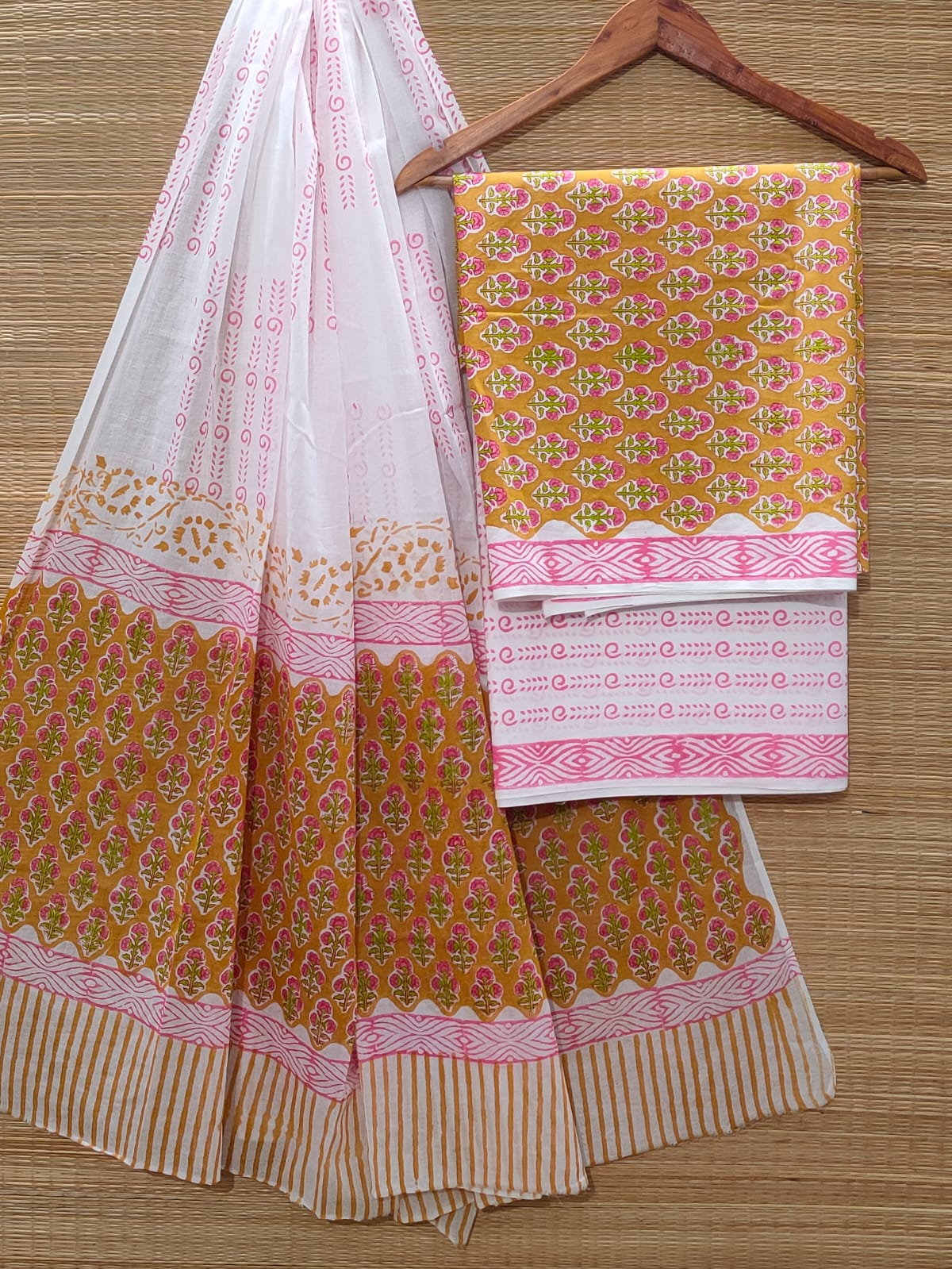 Hand Block Cotton Unstitched Salwar Suit With Cotton/Mulmul Dupatta - JBOCM142