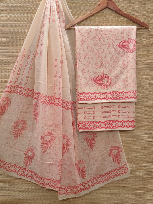 Hand Block Cotton Unstitched Salwar Suit With Cotton/Mulmul Dupatta - JBOCM143